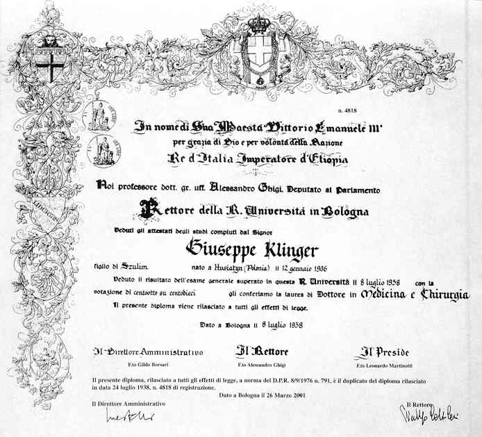 Fig. 10. The diploma of Dr. Giuseppe Klinger