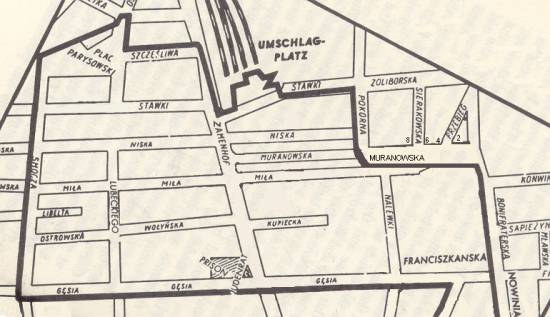 Fig. 11. Warsaw Ghetto – the northern part. The bold line marks the Ghetto wall. Note house numbers on Muranowska Street