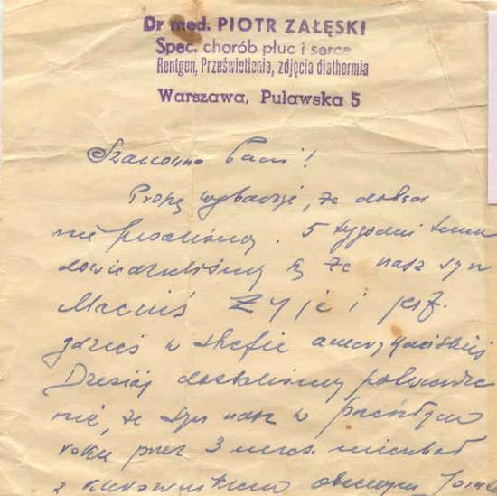 Fig. 9. Dr. Załęski’s letter to Stella Seidenwerg, Klinger’s sister.